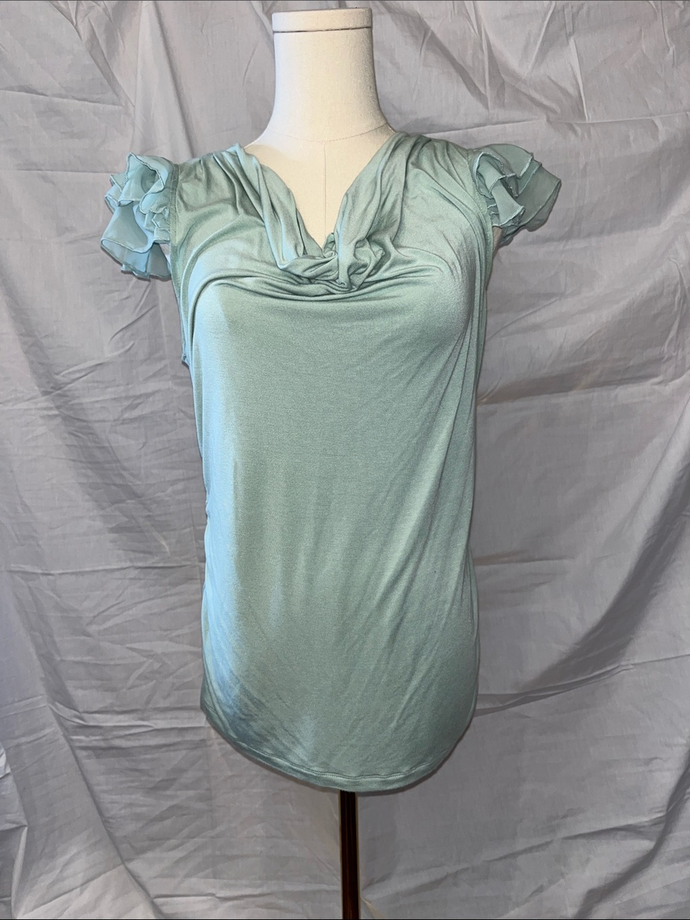 Cable & Gauge Light Aqua Ruffle Cap Sleeve Cowl Neck Top